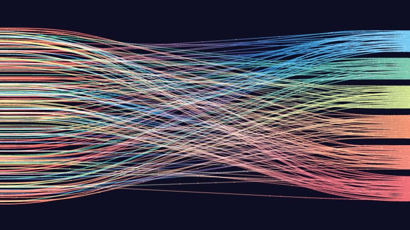 Hundreds of brightly colored lines on a black background. On the left of the image the colored lines are mixed together. In the middle of the image you can see the lines twisting and beginning to sort themselves into specific colors. On the right of the image, all lines are grouped together by color.