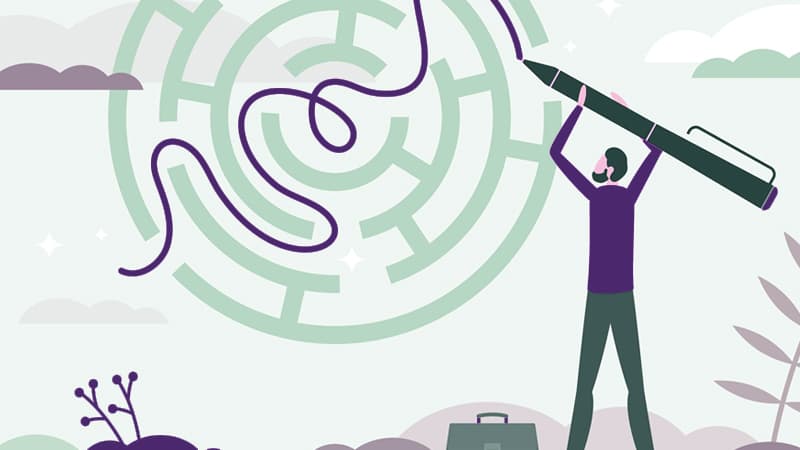 Illustration of person drawing a route through a maze, meant to symbolize decision-making