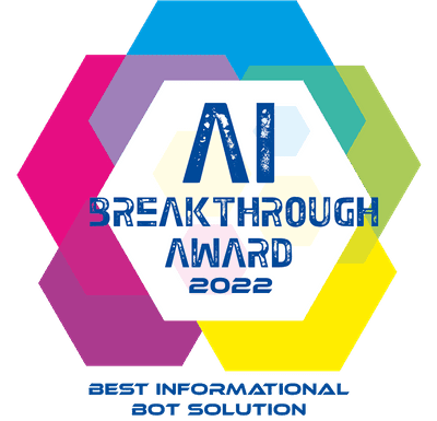 Colorful graphic that says AI Breakthrough Award 2022 for Best Informational Bot Solution