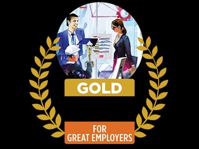 A logo for Gold winners of the 2023 Stevie Award for Great Employers.