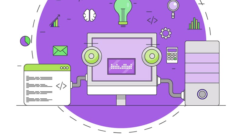 Illustration of various technology and icons meant to symbolize machine learning