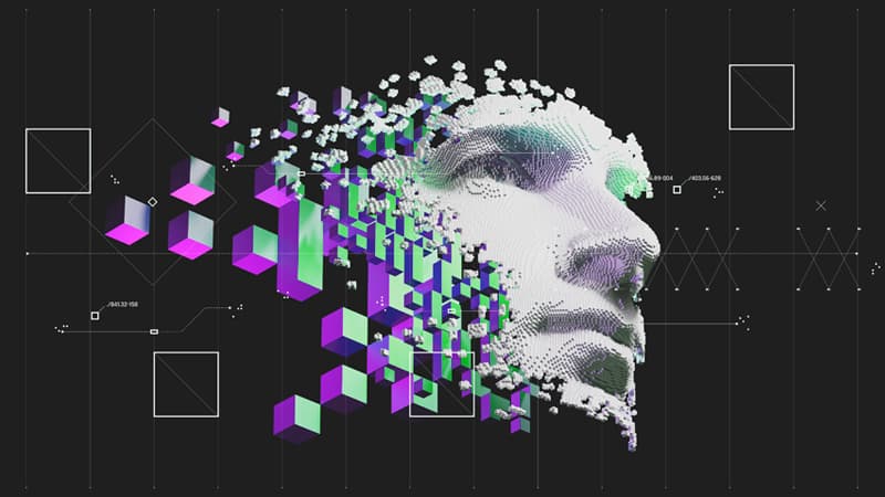 Illustration of a human face made up of various data points and graphical elements
